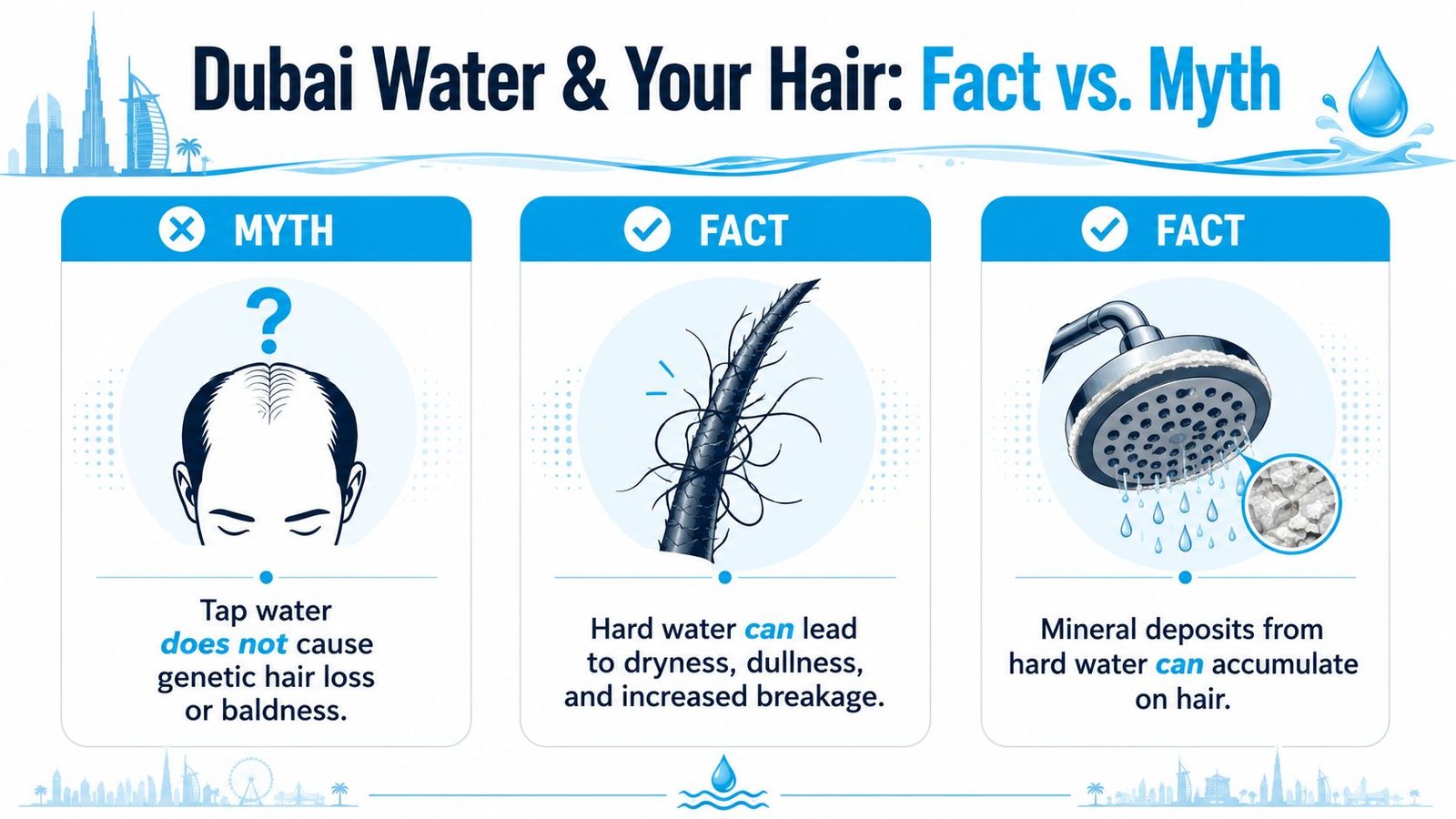 An infographic titled Dubai Water and Your Hair addressing common myths and facts about hair health.