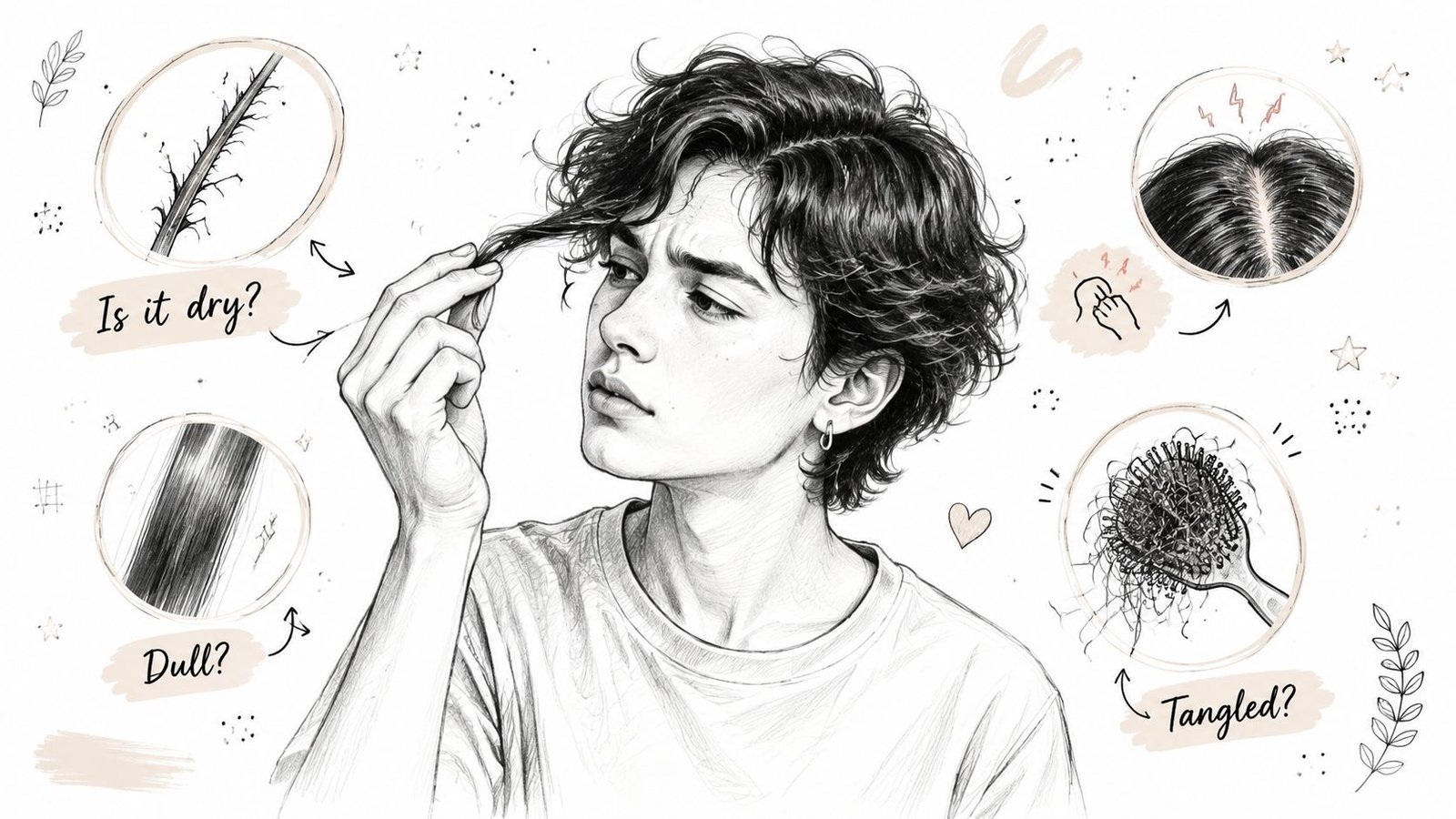 A pencil sketch of a person contemplating their hair health, highlighting dryness, dullness, and tangling issues.