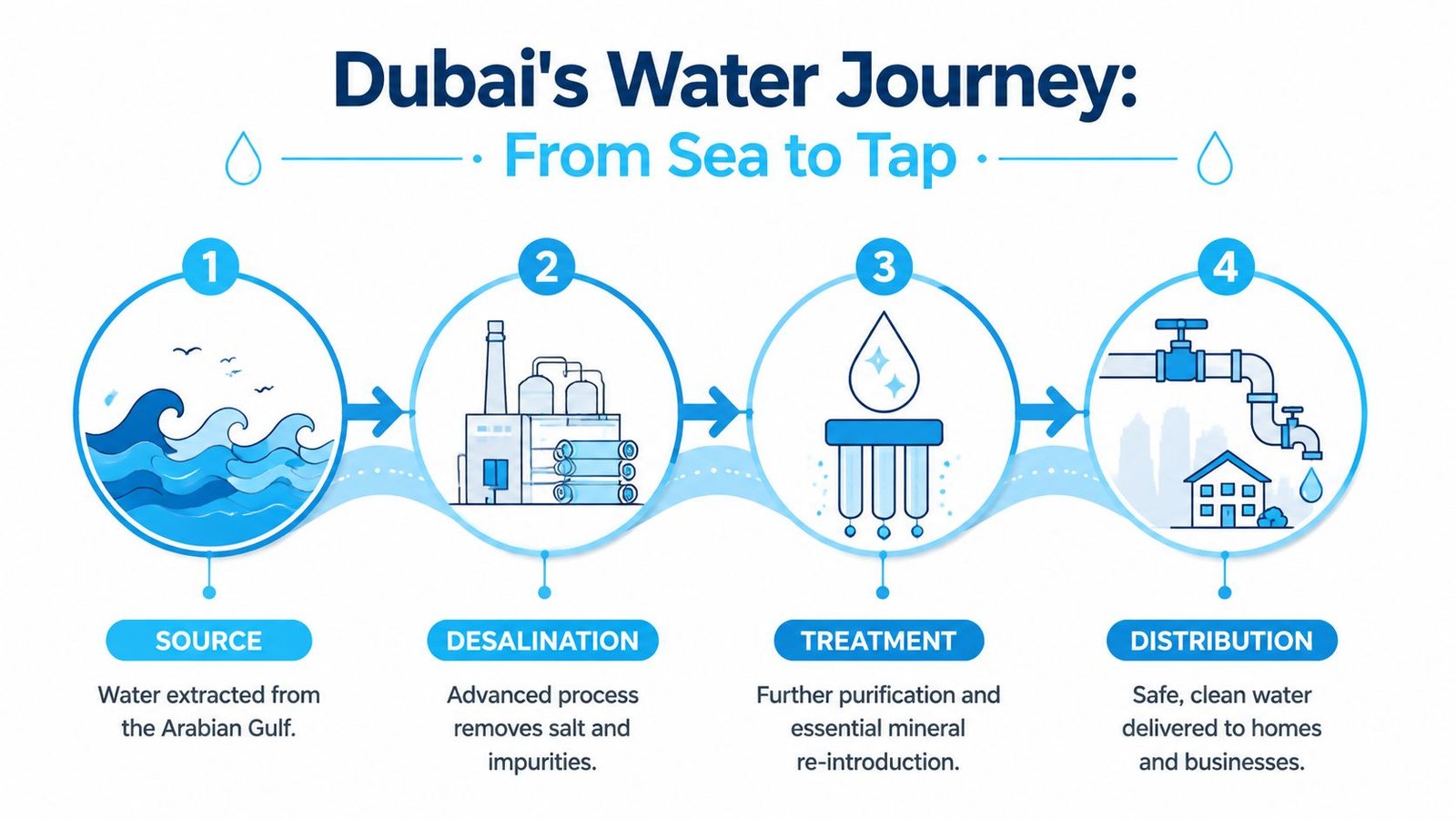 A four-step infographic showing Dubai's water journey, from sea source extraction to desalination, treatment, and distribution to homes.