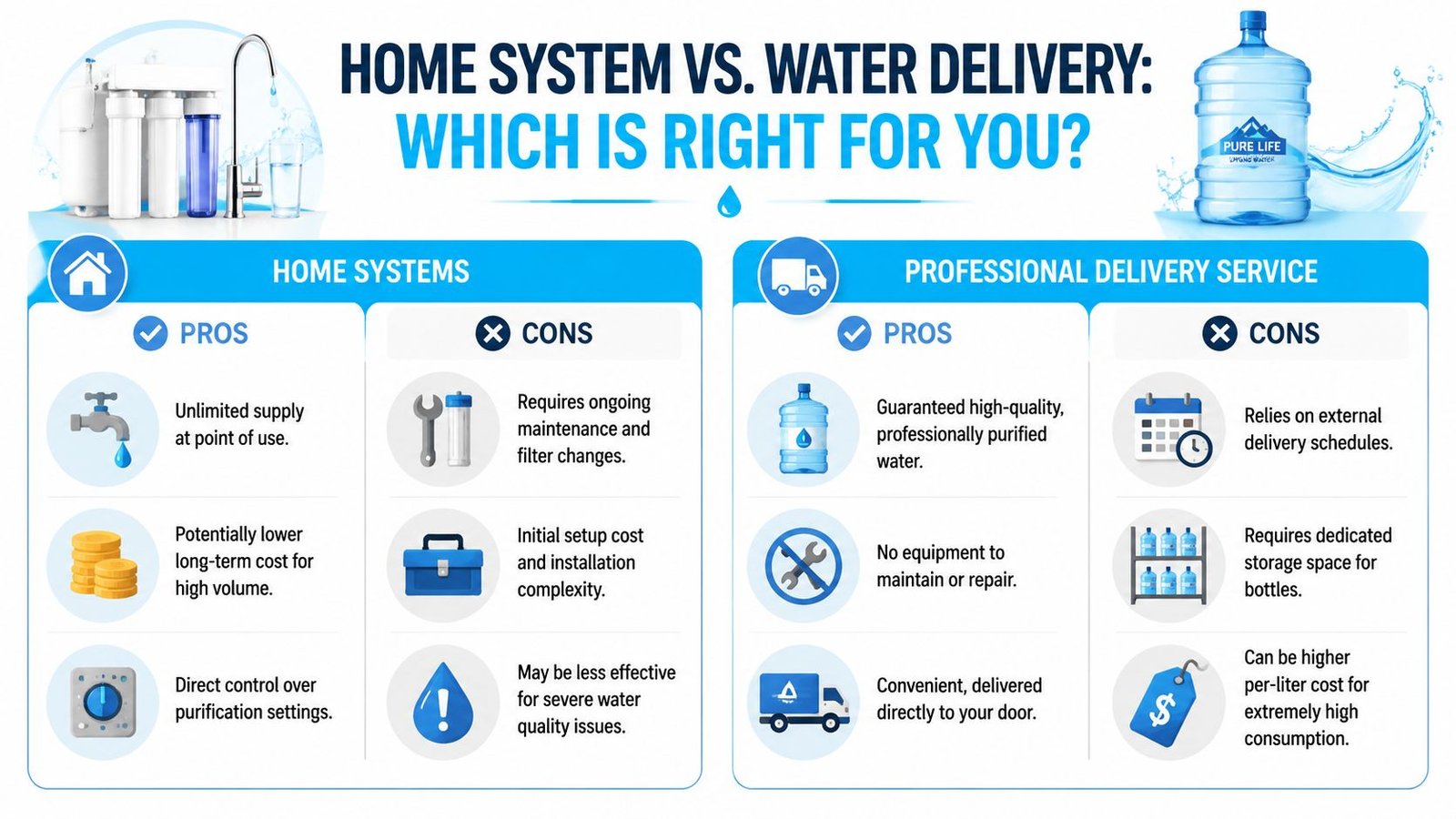 A comparative infographic showing the pros and cons of using home water filtration systems versus professional water delivery.