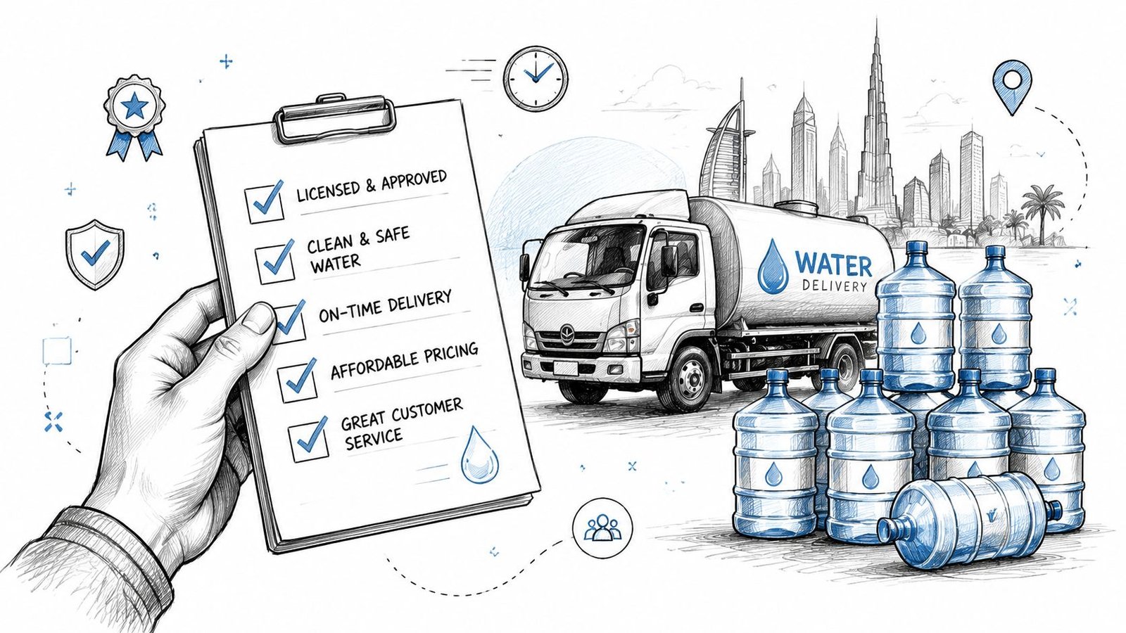 A clipboard held by a hand showing a water delivery checklist with a truck and water bottles.