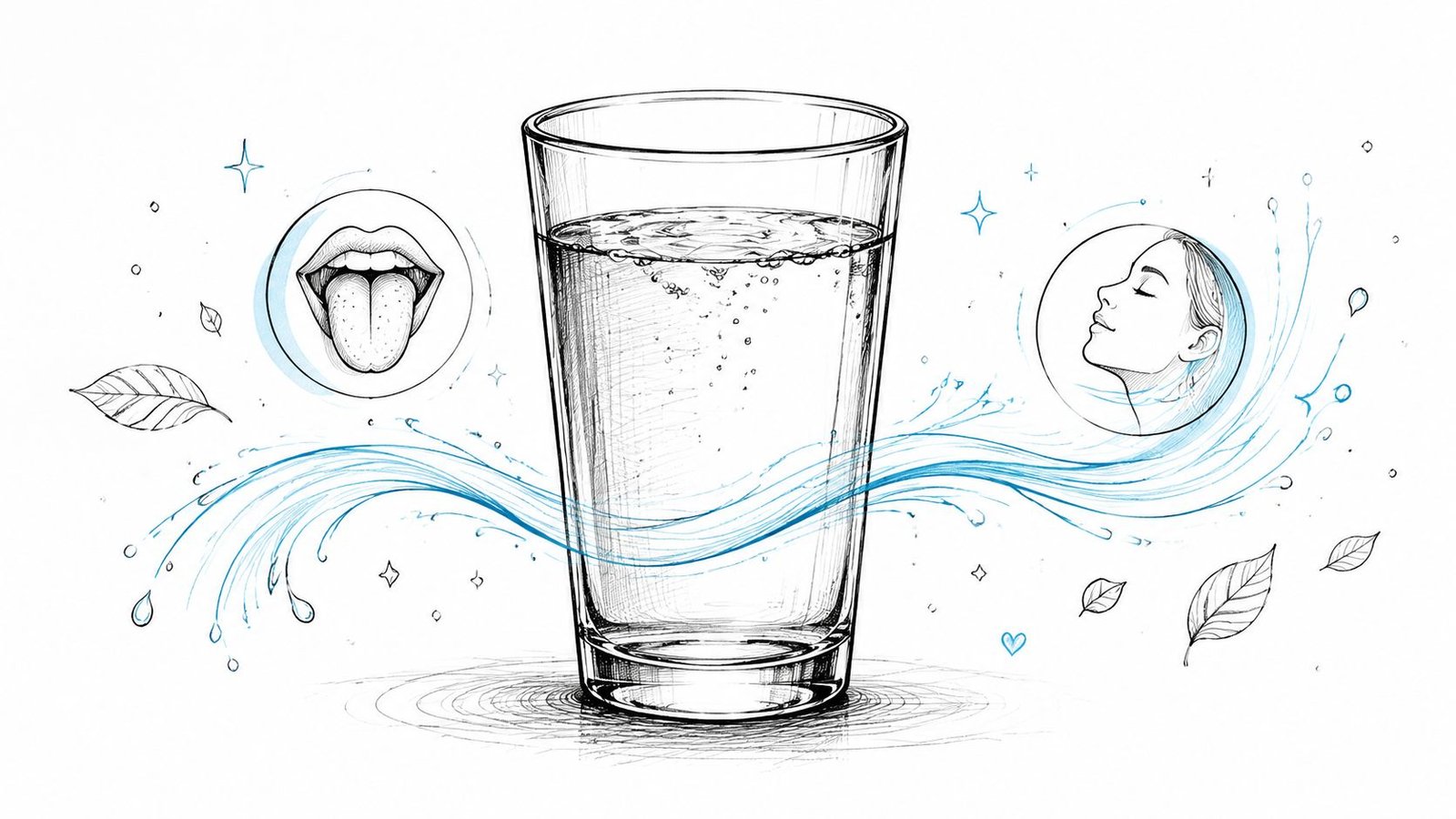 A hand-drawn illustration showing a glass of water, a mouth, and a refreshed person, symbolizing health benefits.