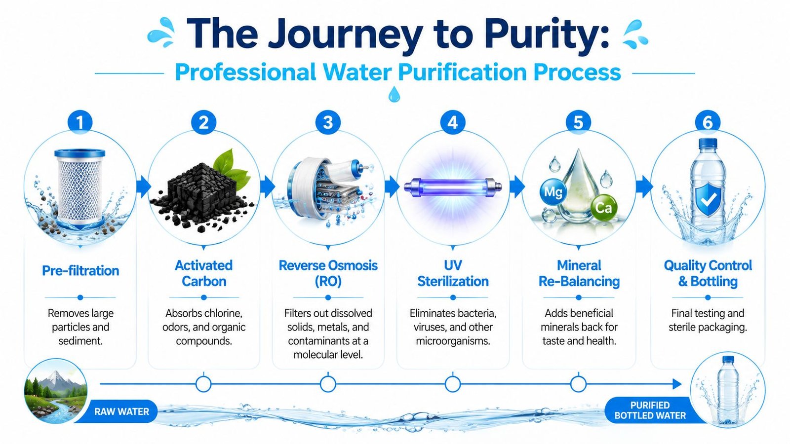 A professional infographic illustrating the six-step water purification process from raw water to bottled water.