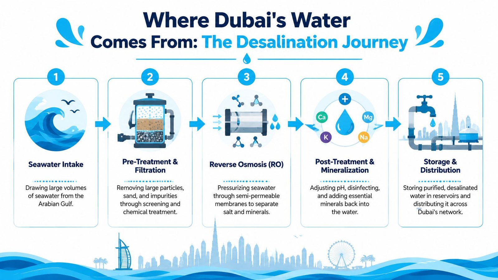 A five-step infographic showing the Dubai seawater desalination process from intake to final water distribution.