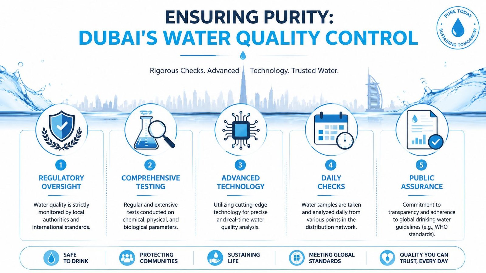 An infographic detailing Dubai's five-step water quality control process, featuring regulatory oversight, testing, and public assurance measures.
