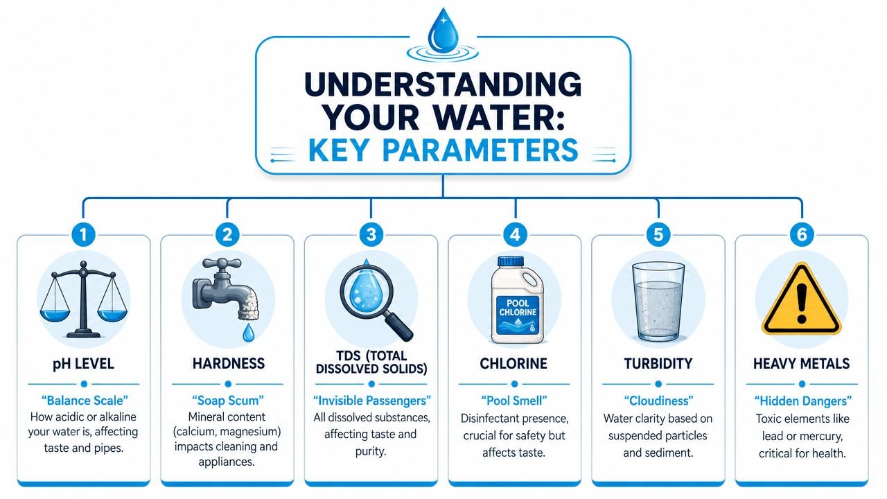 An infographic showing six key water quality parameters including pH level, hardness, TDS, chlorine, turbidity, and heavy metals.