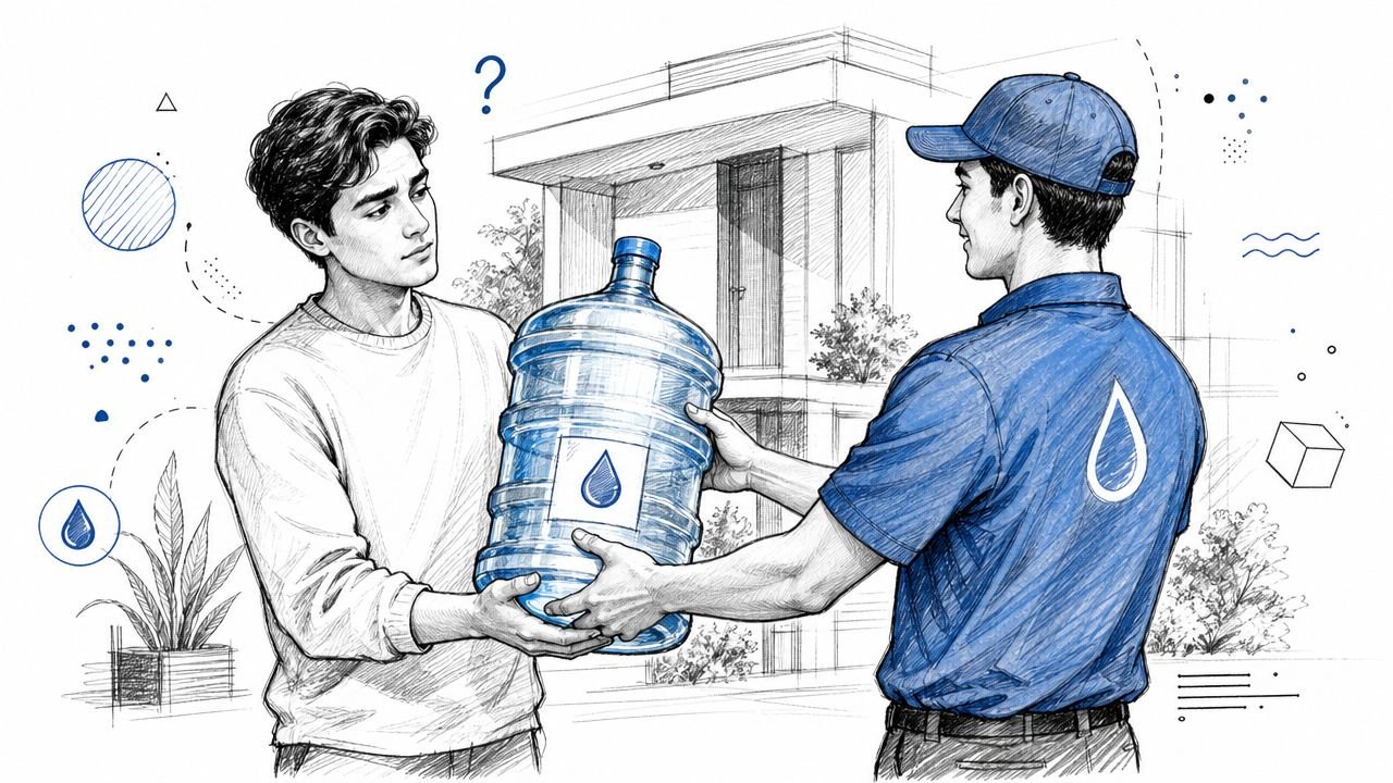 A delivery person in a blue uniform hands a large bottle of water to a customer.