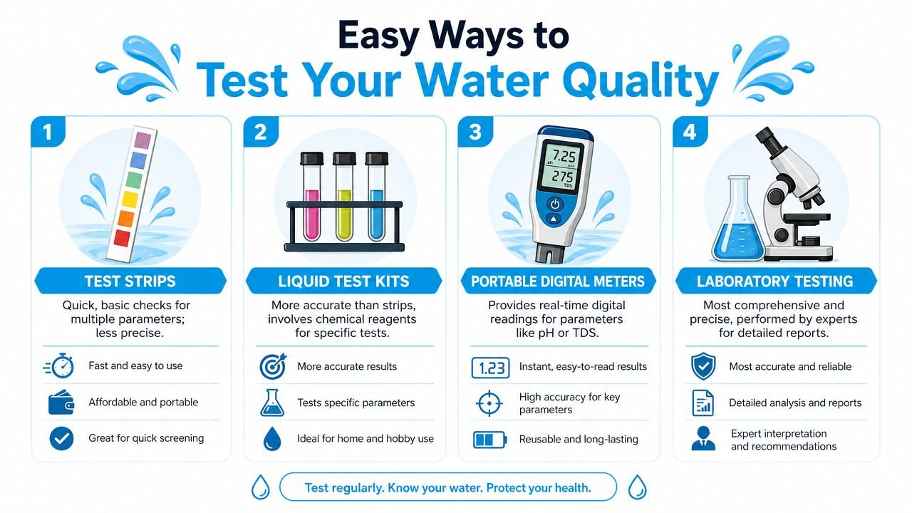 An infographic showing four common methods for testing water quality, including test strips, liquid kits, and digital meters.
