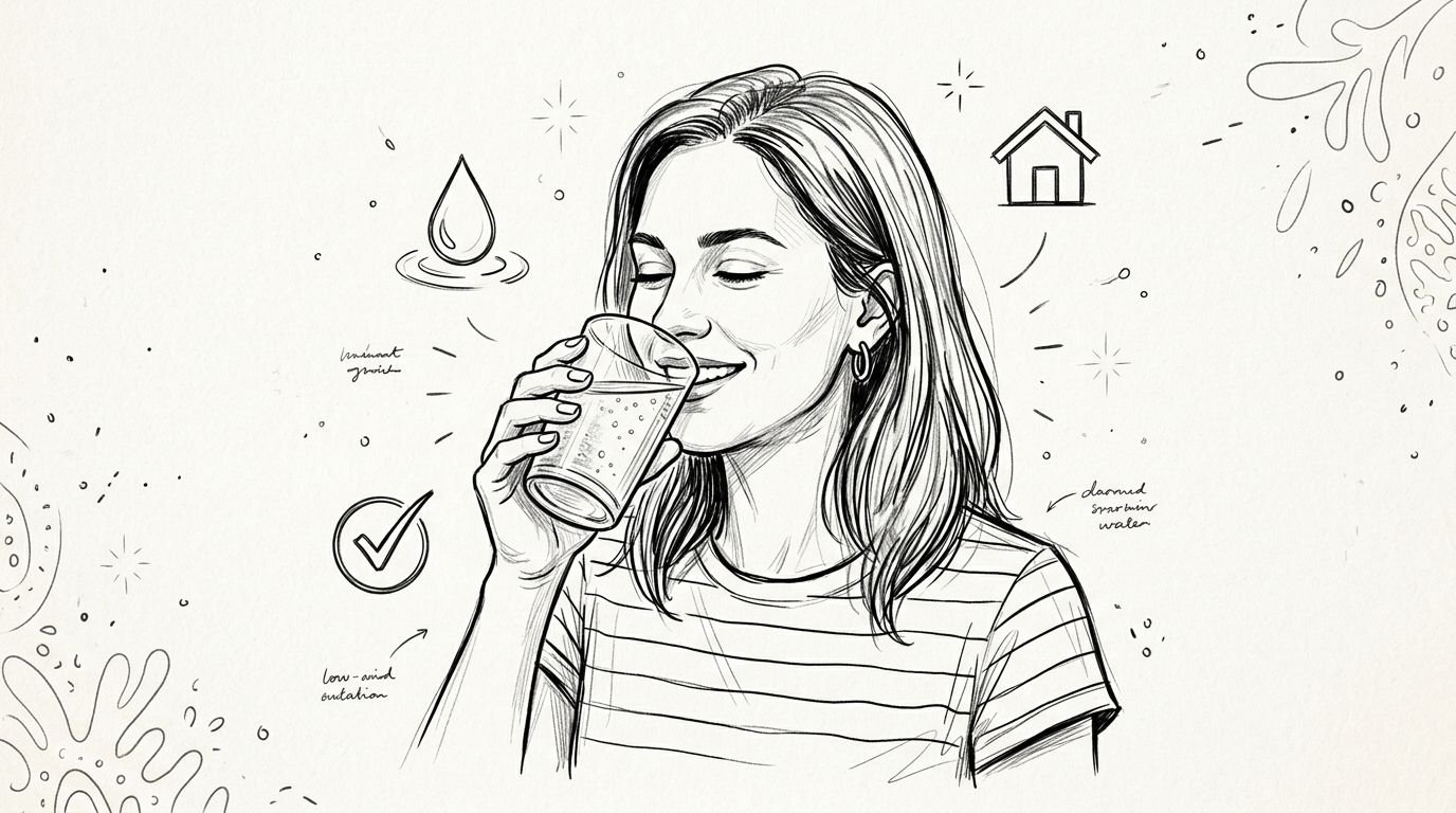 A line drawing of a smiling woman drinking a glass of water with icons representing home water quality.
