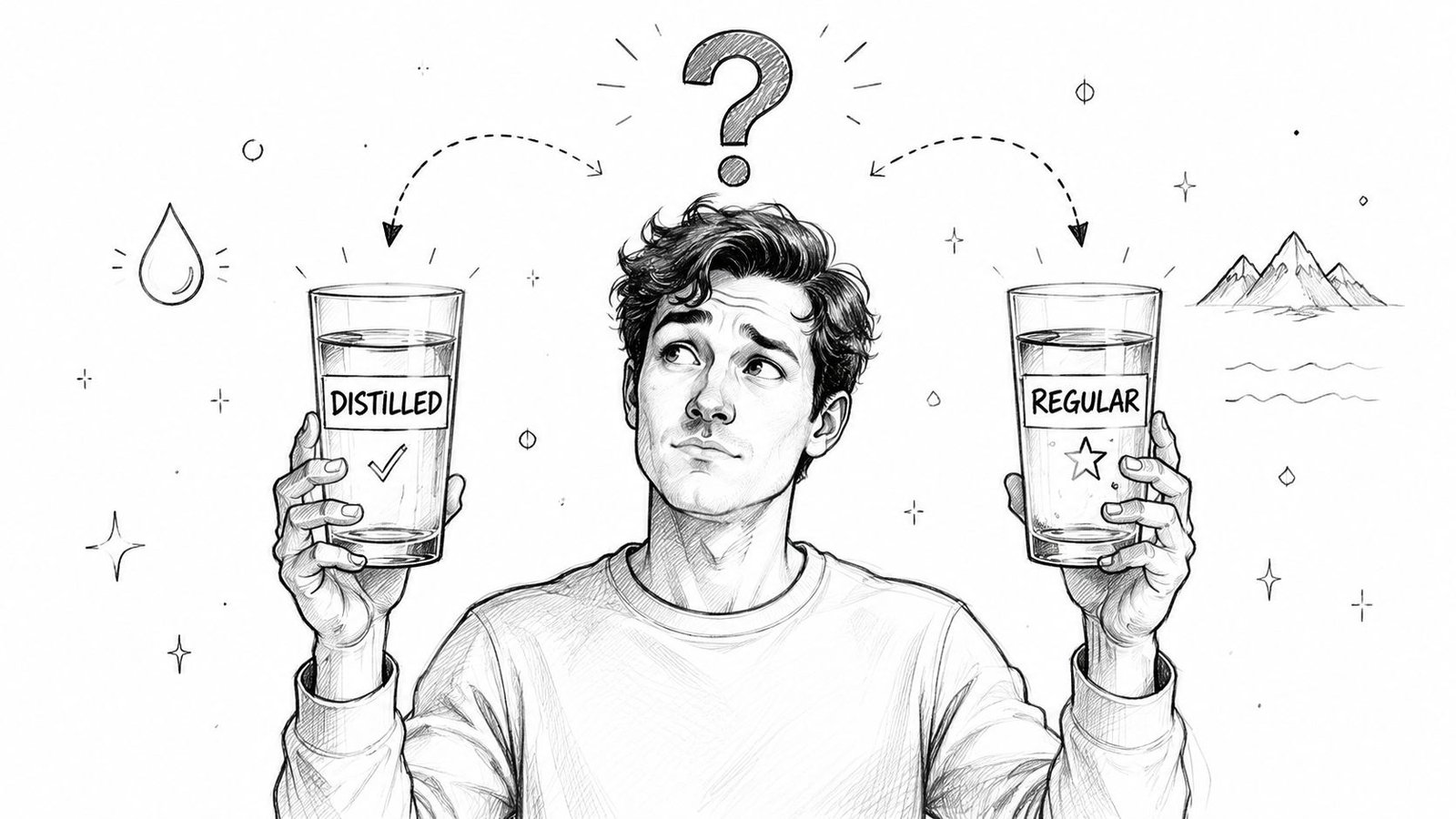 A man thoughtfully looking between two glasses of water, one labeled distilled and the other regular.