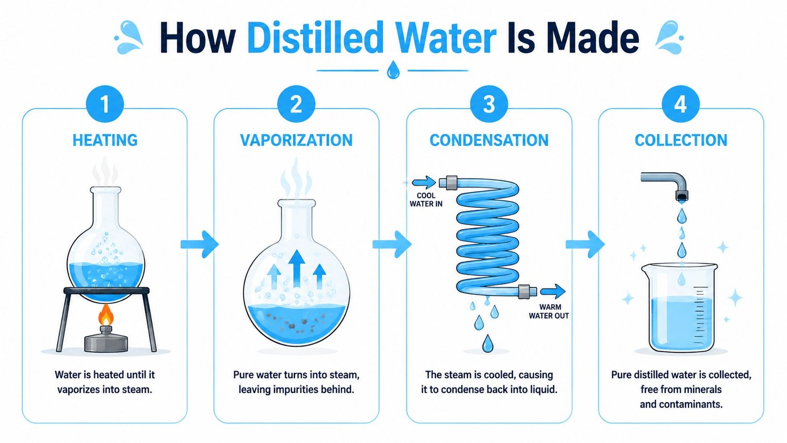 An infographic showing the four-step process of water distillation involving heating, vaporization, condensation, and collection in a beaker.