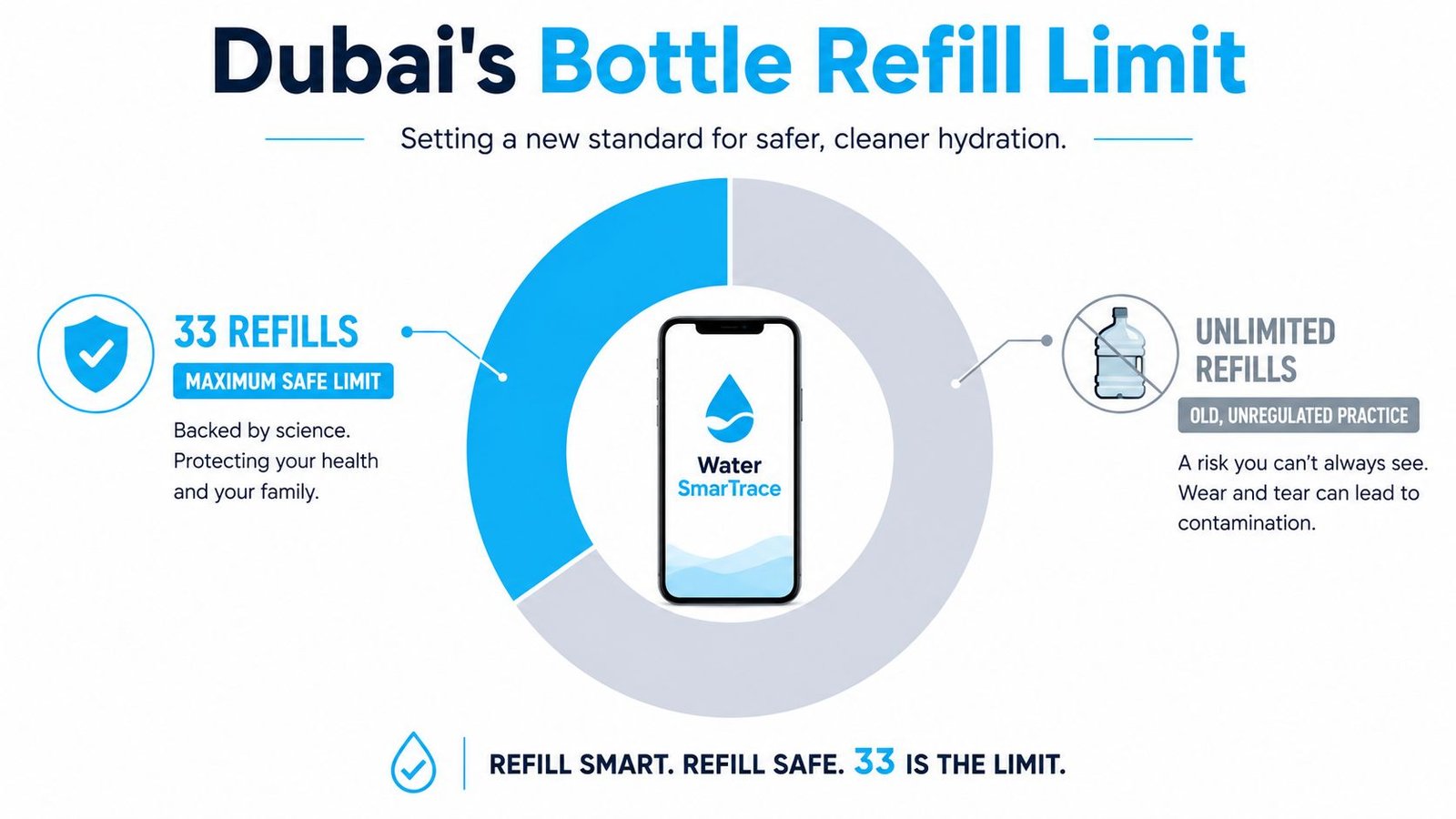 An infographic showing that 33 refills is the maximum safe limit for a 5 gallon water jug.
