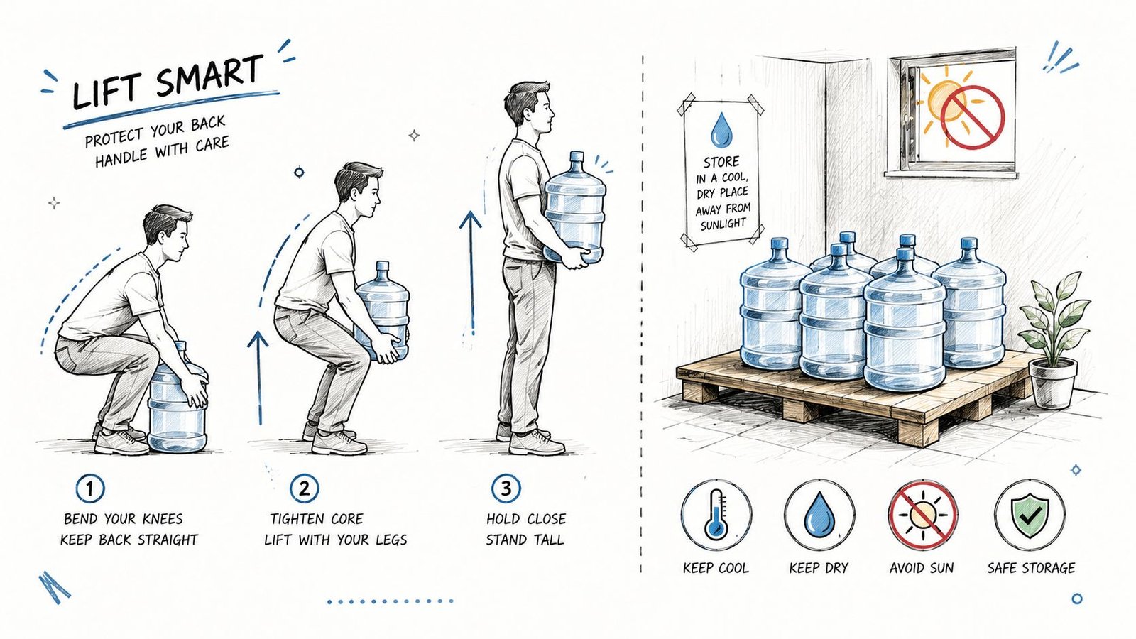 An instructional illustration demonstrating the proper techniques for lifting and safely storing 5-gallon water jugs.