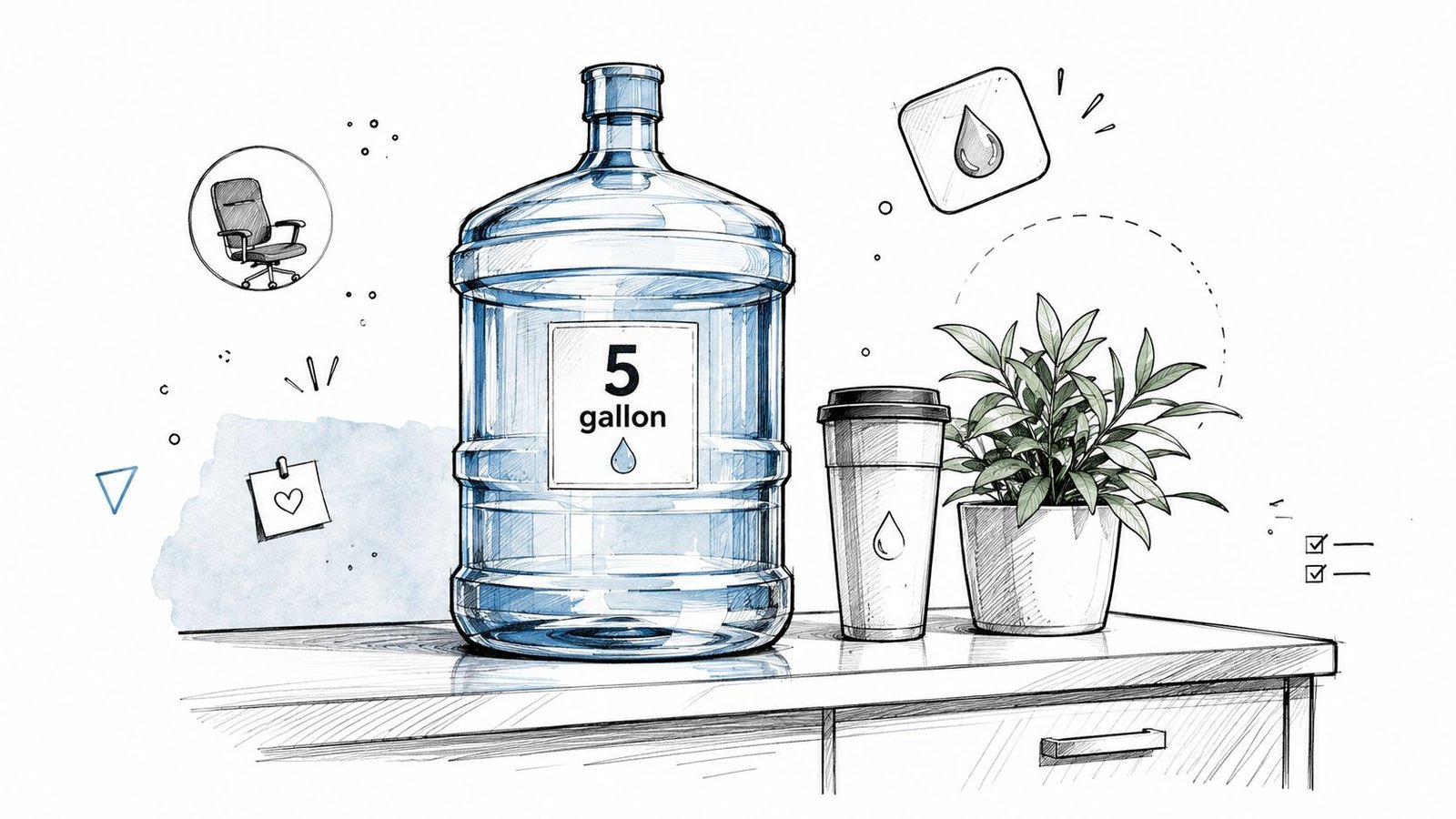 A sketched illustration of a large 5 gallon water jug placed on a desk next to a plant.