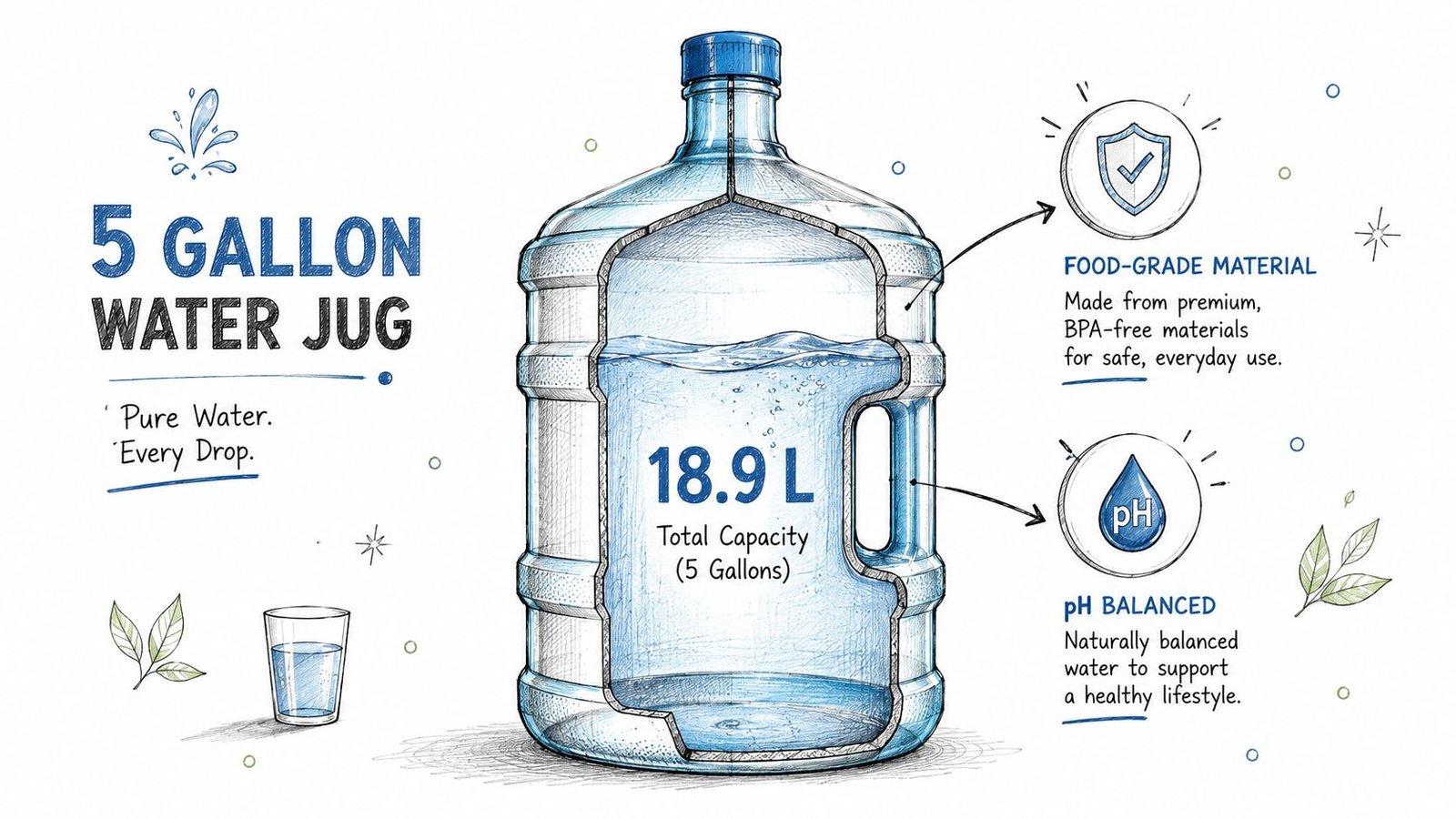 A 5-gallon water jug illustration showing food-grade material, pH balance, and an 18.9-liter total capacity.