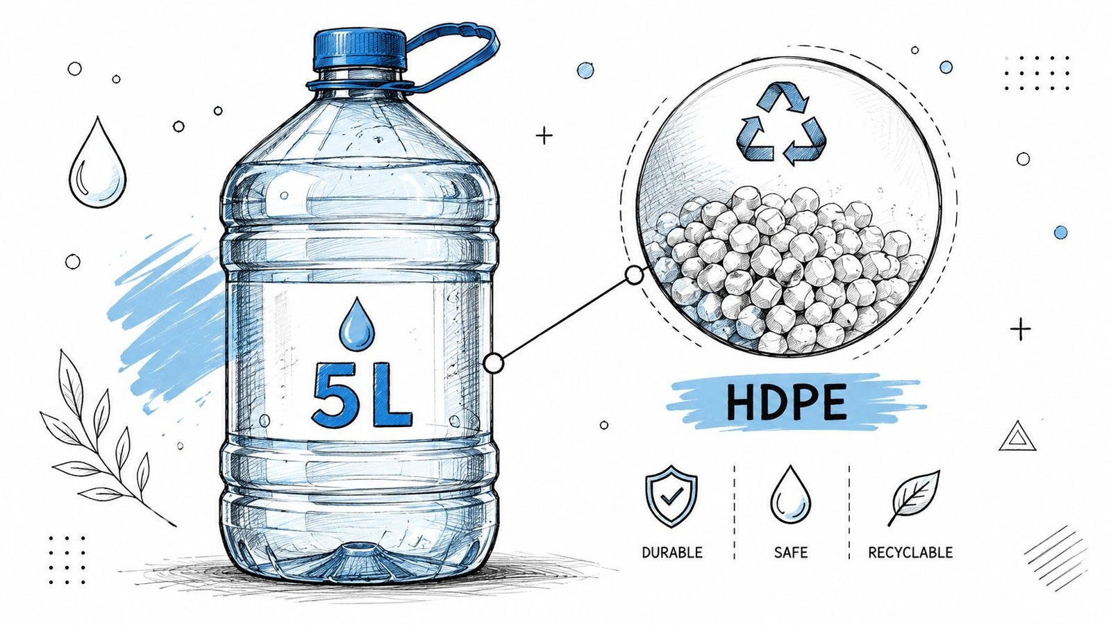 A 5-liter plastic water bottle made from HDPE plastic with icons for durability, safety, and recyclability.