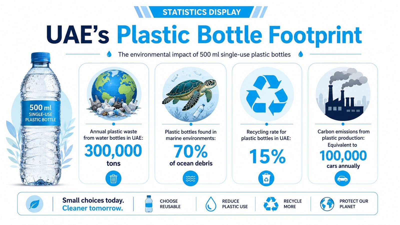 An infographic showing statistics about the environmental impact of single-use 500ml plastic water bottles in the UAE.