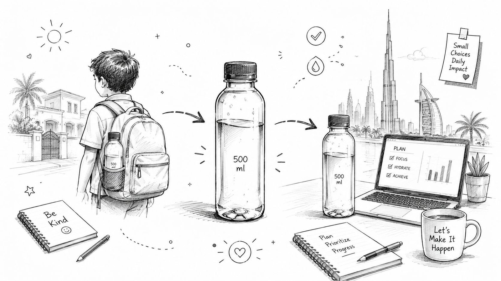 A line drawing illustration showing a student with a water bottle leading to a productive workspace scene.