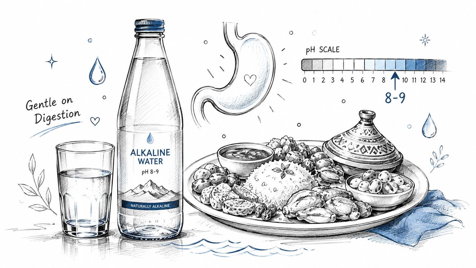 A hand-drawn illustration showing a bottle of alkaline water, a glass, and a hearty meal on plates.