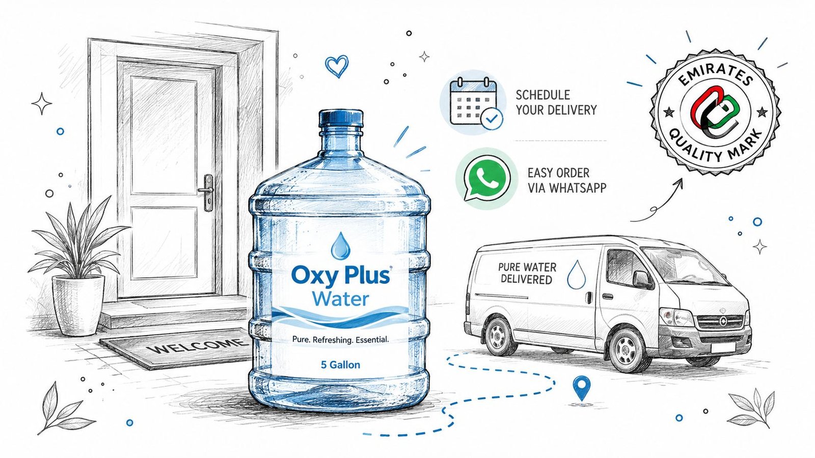A hand-drawn illustration of a large Oxy Plus water jug delivered to a front door.