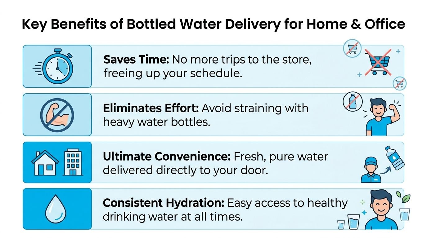 A graphic showing four key benefits of bottled water delivery for residential and office environments.