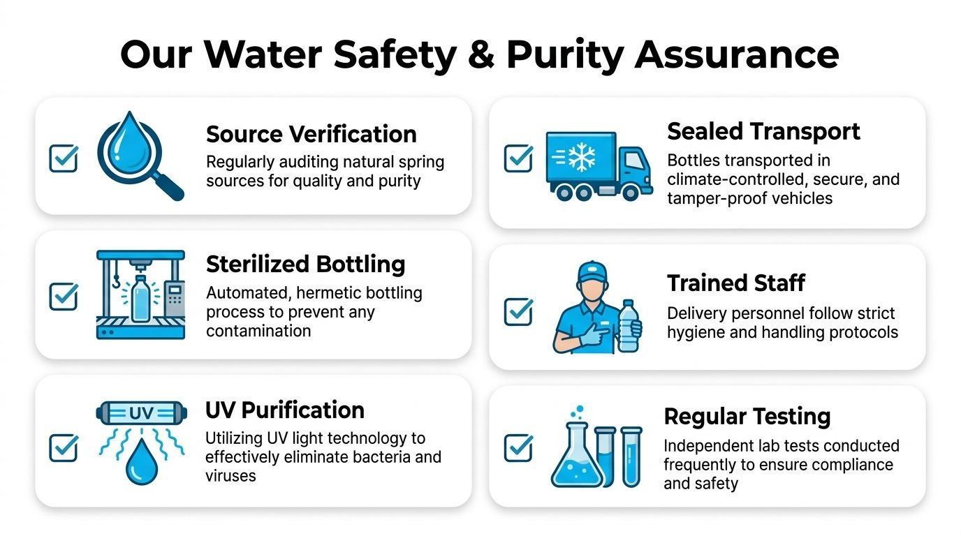 A safety and quality assurance infographic for bottled water delivery featuring six steps for purity.