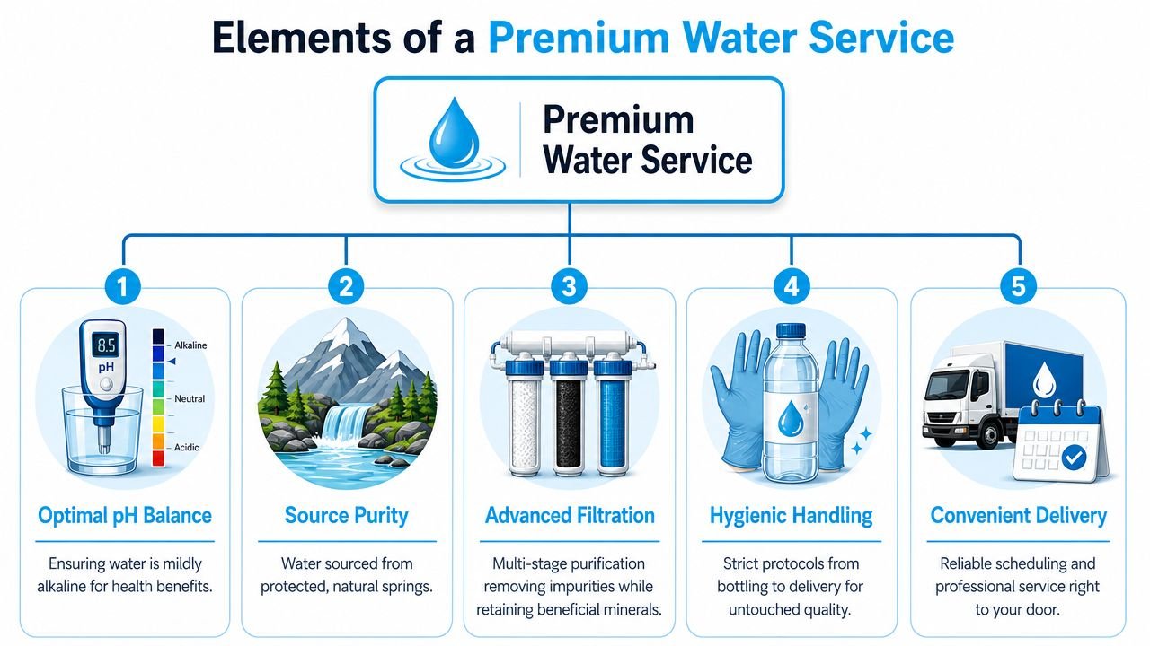 An infographic detailing the five key elements of a premium water service, including purity and delivery.