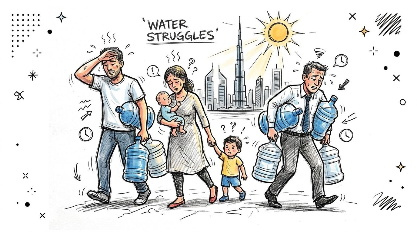 A hand-drawn illustration depicting people struggling while carrying heavy jugs of bottled water in Dubai.