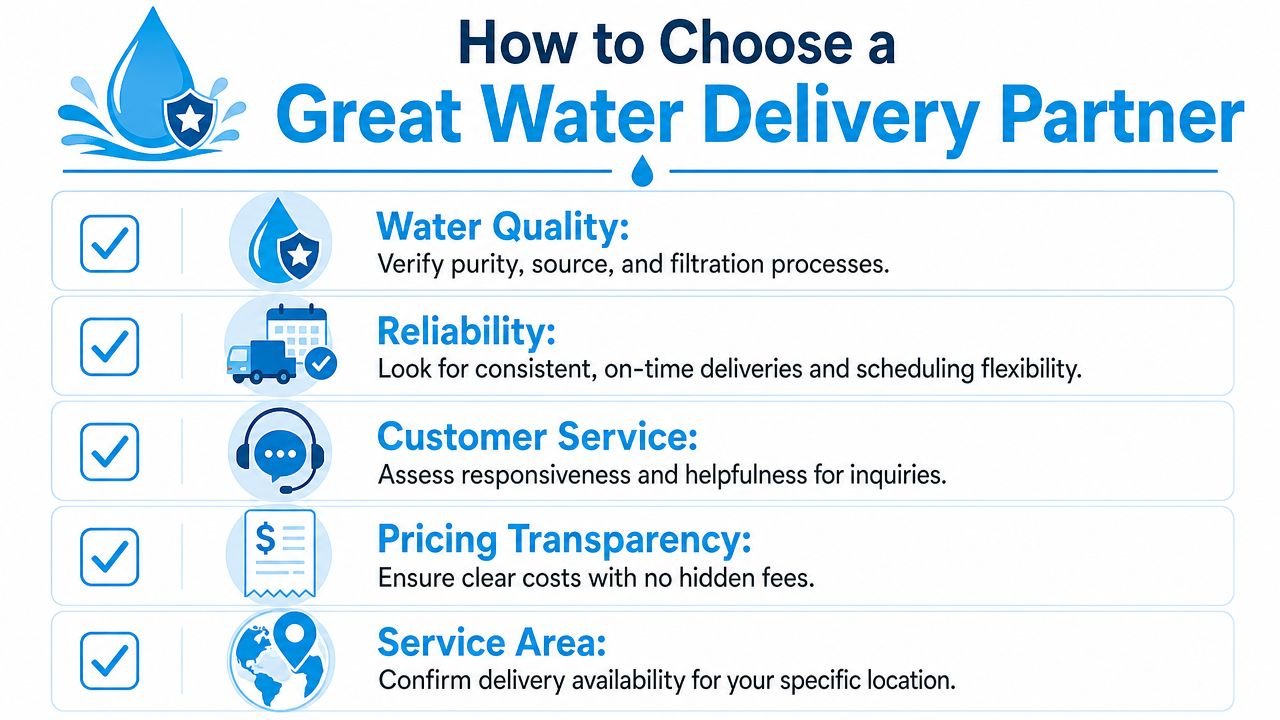 An infographic detailing five essential factors to consider when choosing a reliable bottled water delivery service.