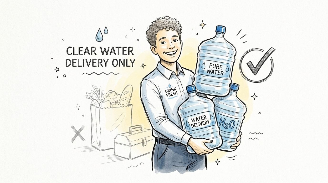 A friendly delivery person holding three large bottles of water, representing a professional water delivery service.