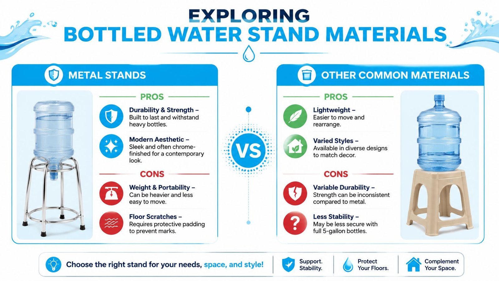 A comparison infographic showing the pros and cons of using metal versus plastic bottled water stands.