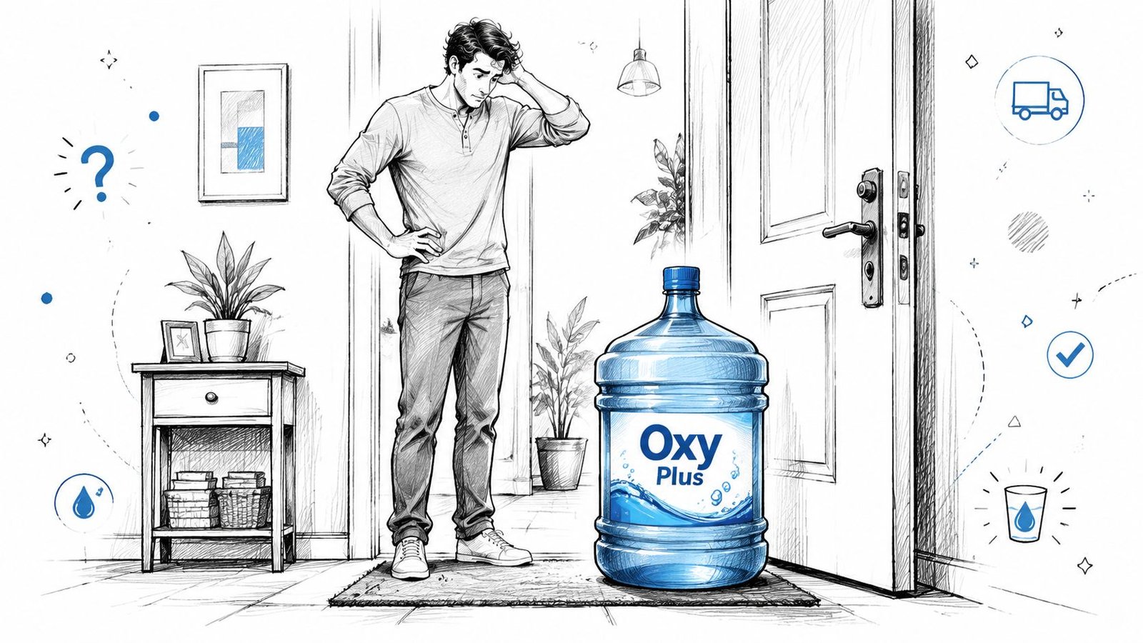 A confused man standing in a hallway looking at a large water jug delivered to his door.