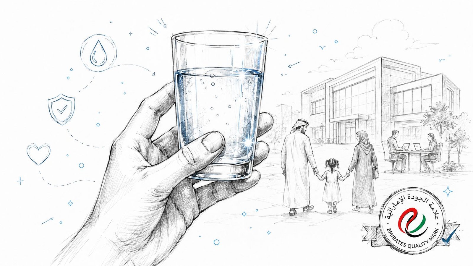 A hand holding a glass of water with illustrations of a family and water quality symbols.