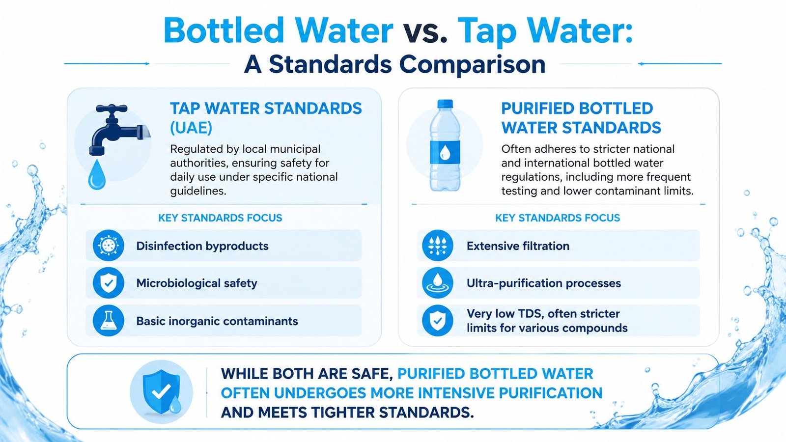 An infographic comparing safety and quality standards between tap water and purified bottled water.