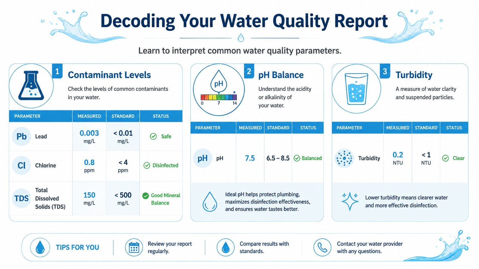 An infographic titled Decoding Your Water Quality Report showing parameters for contaminants, pH balance, and water turbidity.