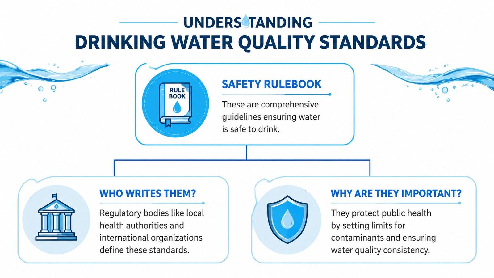 An infographic explaining drinking water quality standards, including safety rules, regulatory bodies, and public health benefits.