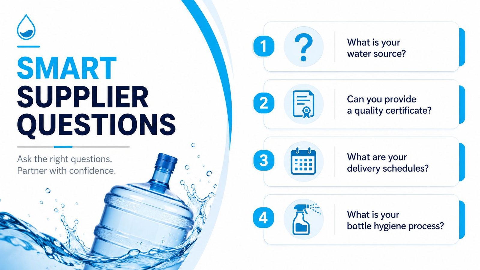 An infographic titled Smart Supplier Questions featuring four important questions to ask a water supplier.