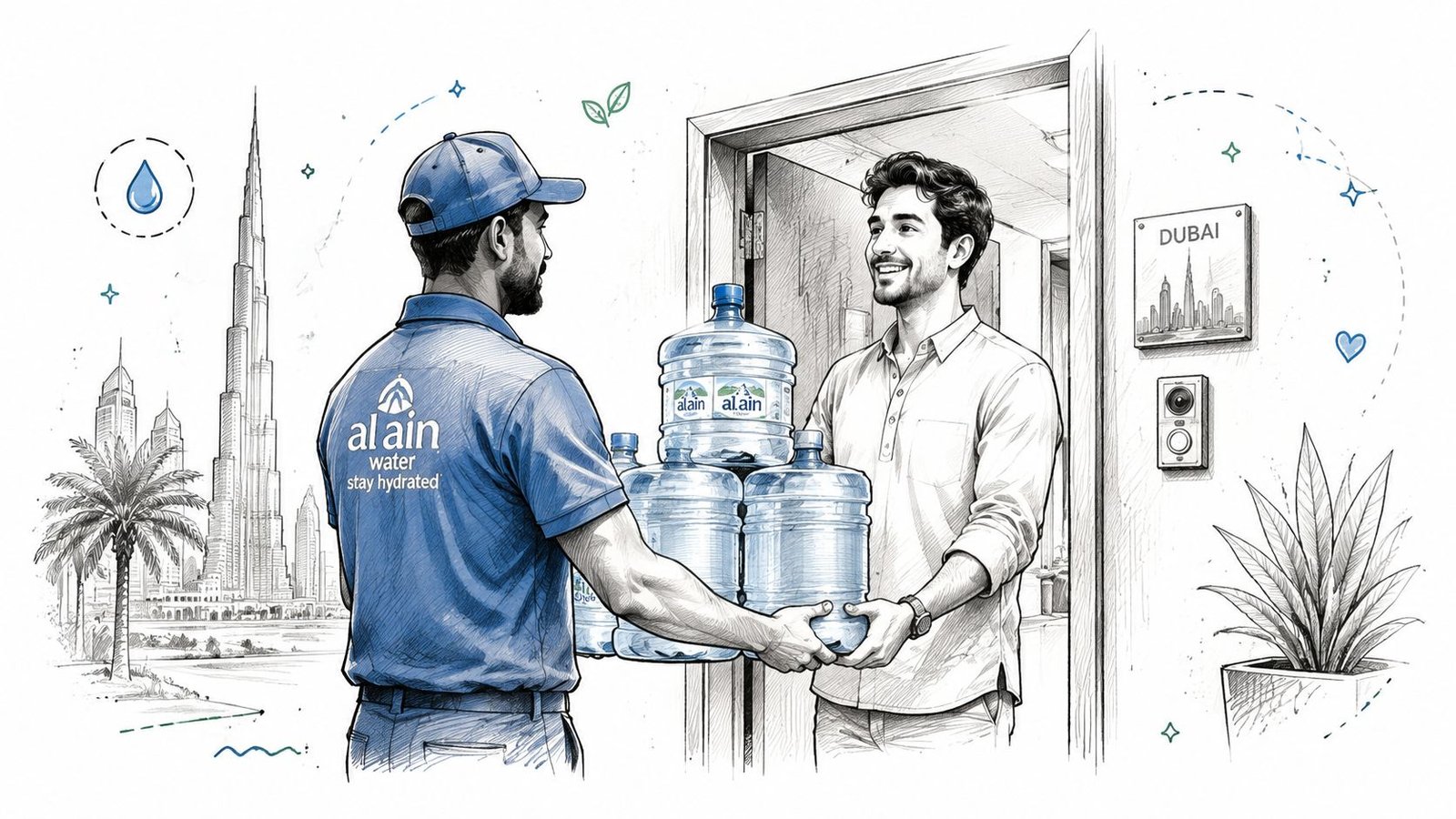 A delivery man handing large water jugs to a smiling customer at a doorway in Dubai.