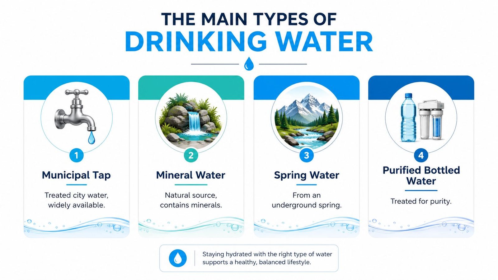 An infographic displays four main types of drinking water: municipal tap, mineral, spring, and purified bottled water.