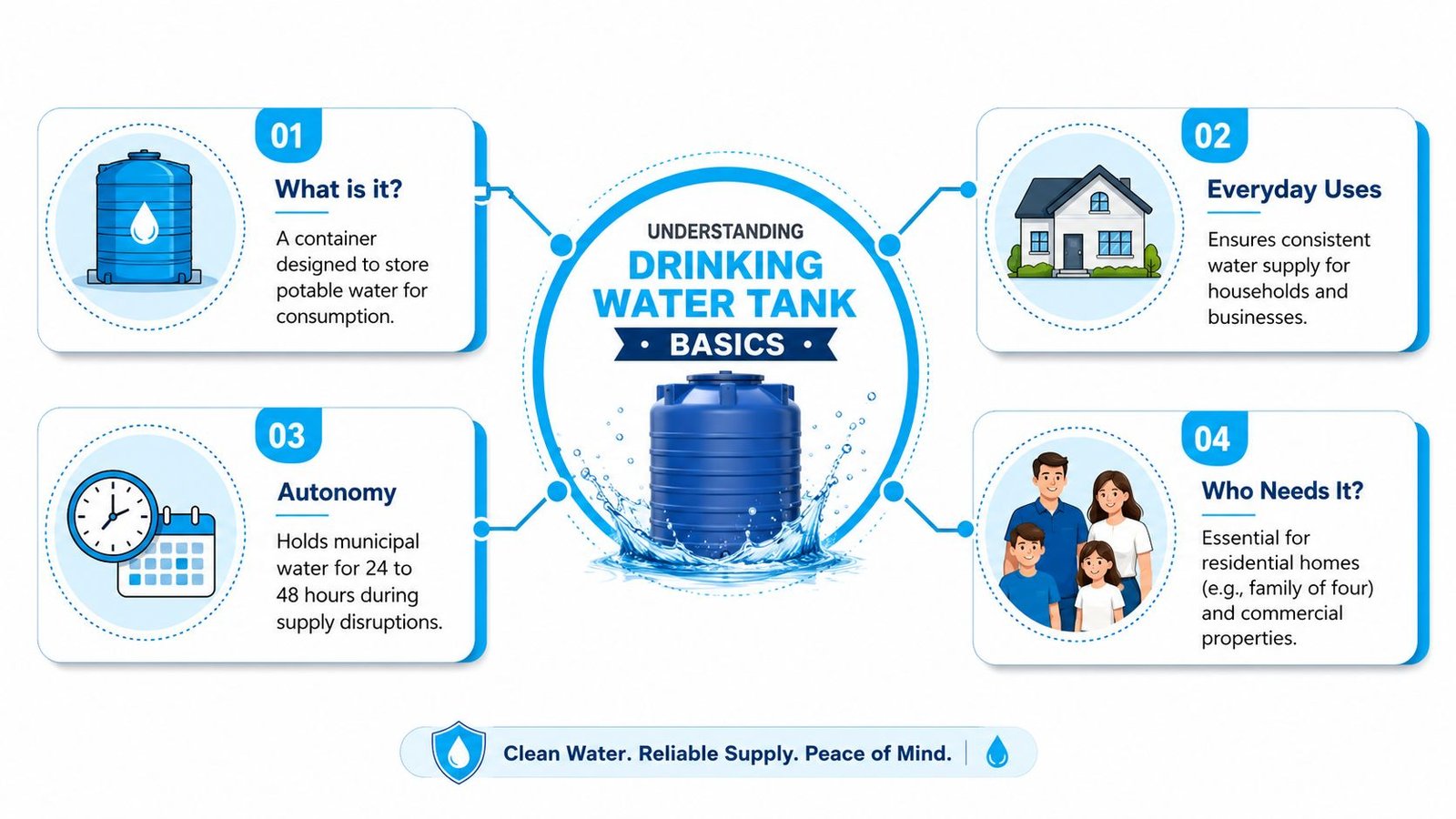 An infographic titled Understanding Drinking Water Tank Basics illustrating four key benefits including storage, usage, autonomy, and target users.