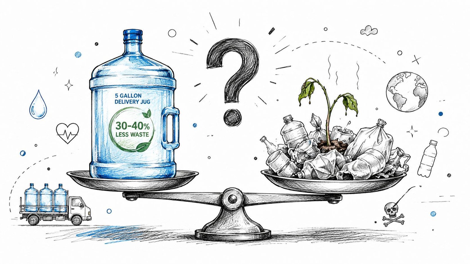 A conceptual illustration comparing a reusable 5-gallon water jug to a pile of single-use plastic waste.