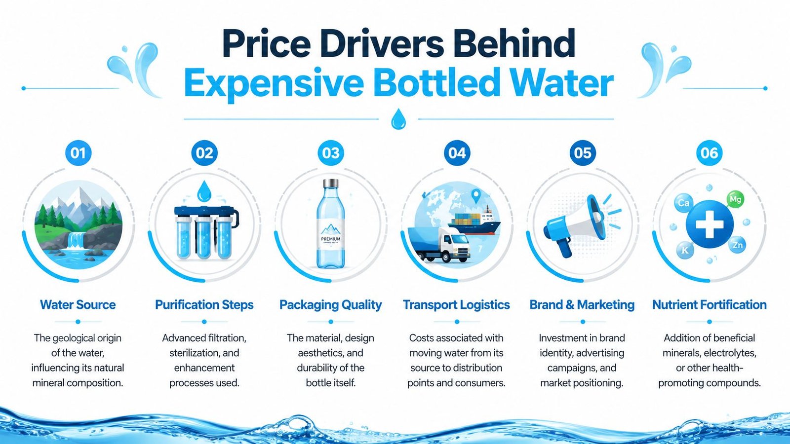 An infographic titled Price Drivers Behind Expensive Bottled Water listing six factors including source, purification, and branding.