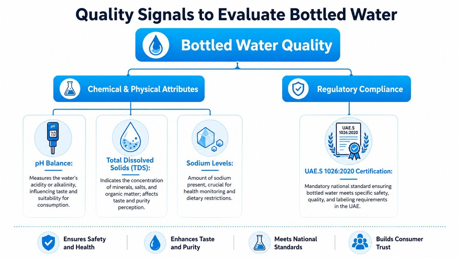 An infographic detailing key quality signals for evaluating bottled water safety, purity, and regulatory compliance standards.