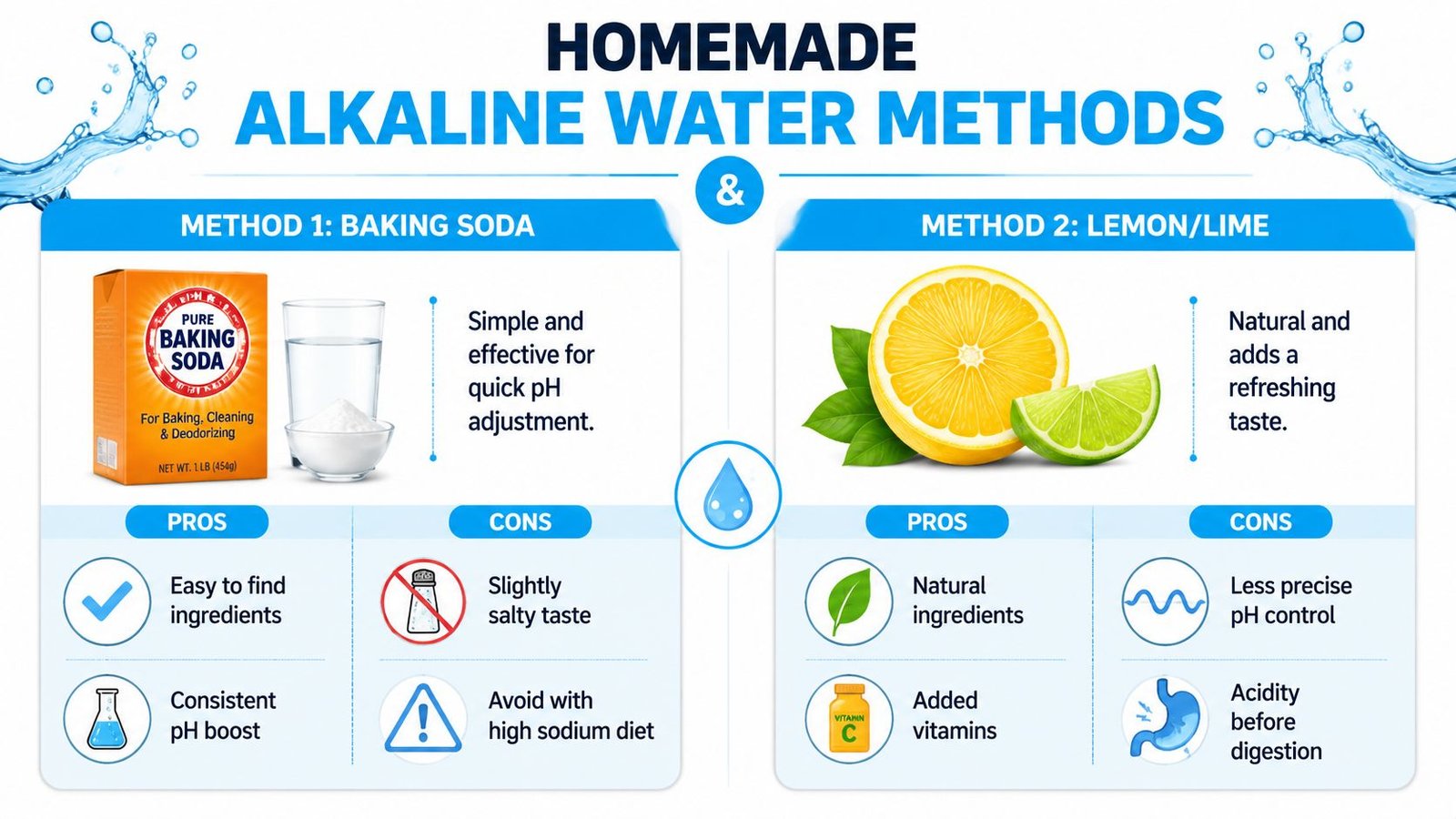 An infographic comparing two homemade alkaline water methods using either baking soda or lemon and lime.