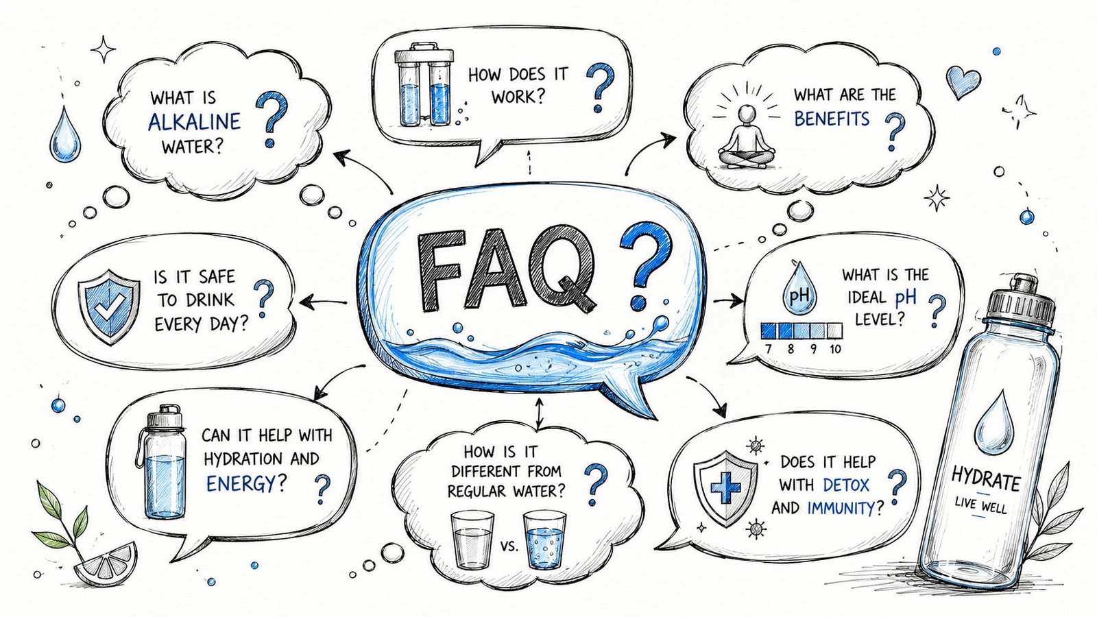 A hand-drawn style mind map illustration explaining common questions about the benefits of alkaline water.