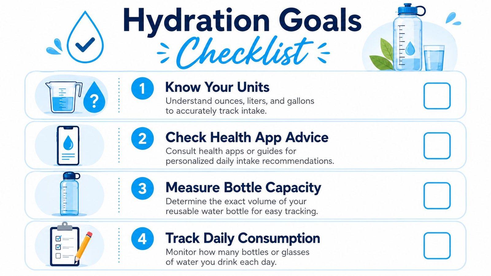 A four-step hydration goals checklist with icons for tracking daily water intake and monitoring healthy consumption habits.