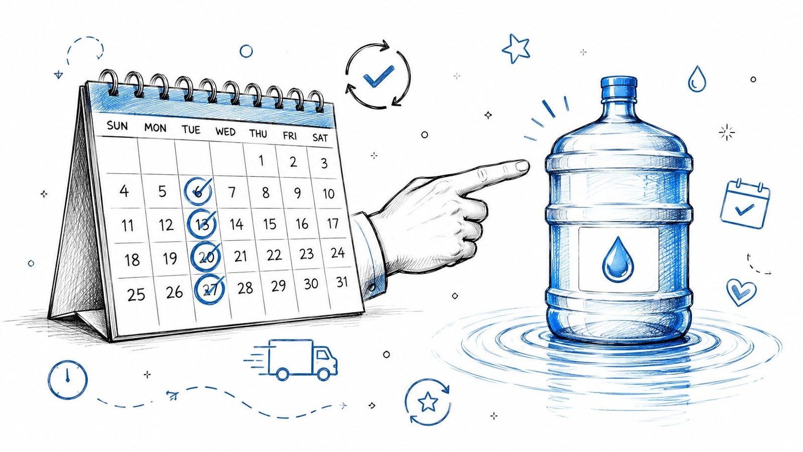 A calendar with specific dates circled, pointing toward a large water jug representing scheduled delivery services.