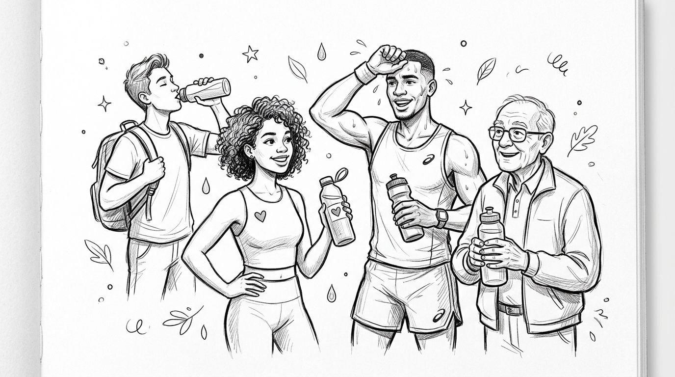 A group of diverse people of different ages holding water bottles for healthy hydration during exercise.