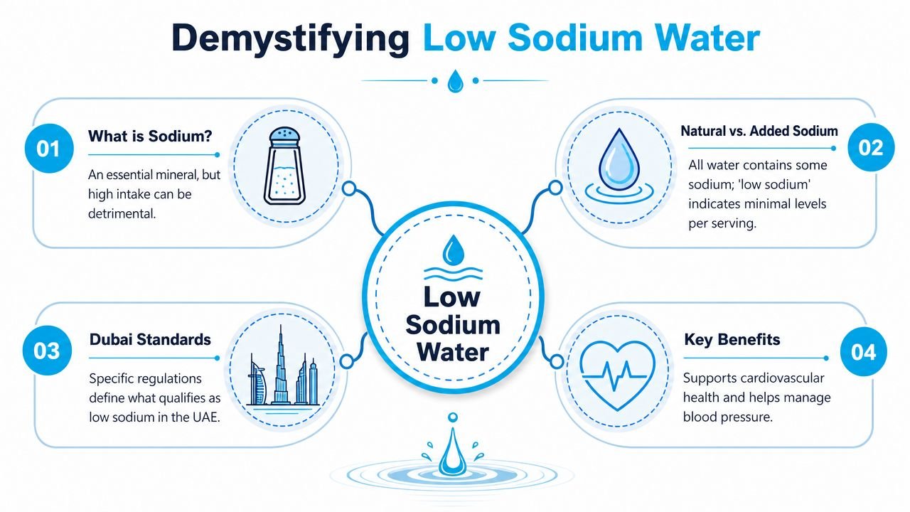 An infographic titled Demystifying Low Sodium Water, outlining facts about sodium, natural sources, Dubai regulations, and health benefits.
