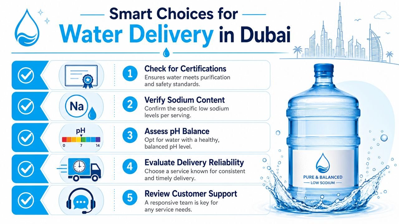 A helpful infographic listing five steps for choosing a water delivery service in Dubai.